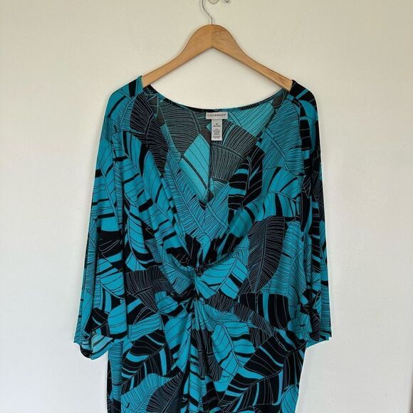 Catherines Women’s Plus Size Palm Twist-Knot Teal and Black Foliage Midi Maxi Dr - Picture 3 of 7